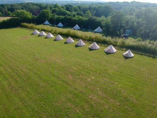 a row of tents in a field of grass at Hopgarden Glamping and camping - Luxury furnished Bell tents & Shepherd huts plus camp field to pitch your own tents in Wadhurst