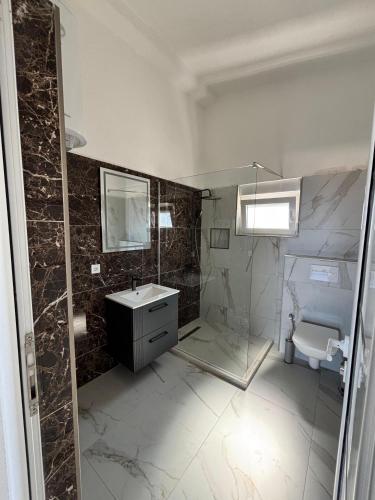 a bathroom with a sink and a shower and a toilet at Apartmani Kula in Pečurice