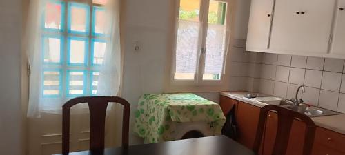 una cucina con una cuccia per cani nell'angolo della cucina di Chris's house in Spetses a Spetses