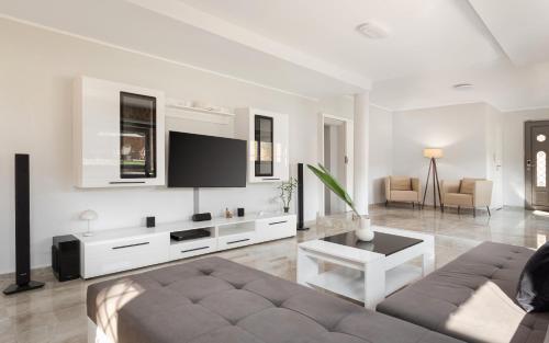 a living room with a couch and a tv at Aeolia Villa Athenian Riviera in Anavissos