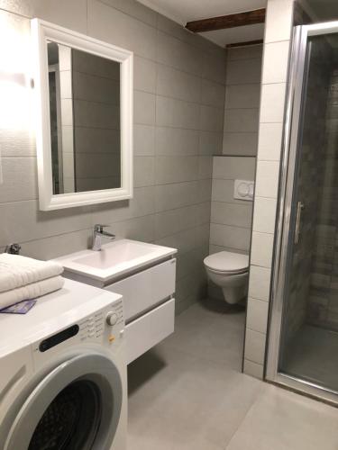 a bathroom with a washing machine and a sink at Luca in Račišće