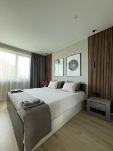 a bedroom with a large white bed and a window at Courtyard Villa, Aleksandrovo in Aleksandrovo