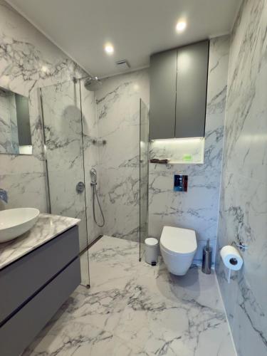 a bathroom with a shower and a toilet and a sink at Courtyard Villa, Aleksandrovo in Aleksandrovo