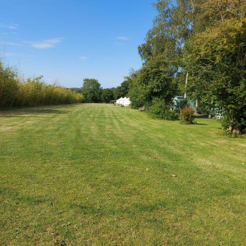 a large field of grass with trees and a house at Hopgarden Glamping and camping - Luxury furnished Bell tents & Shepherd huts plus camp field to pitch your own tents in Wadhurst