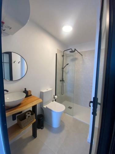a bathroom with a toilet and a sink and a shower at Apartamento de Oma in Guarazoca