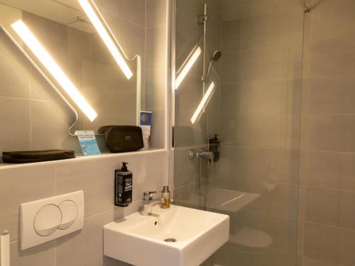 a bathroom with a sink and a shower and a mirror at ibis budget Le Puy En Velay in Le Puy en Velay