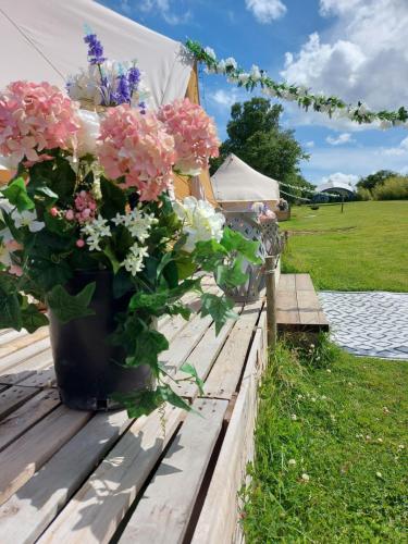 a vase of flowers sitting on a wooden table at Hopgarden Glamping and camping - Luxury furnished Bell tents & Shepherd huts plus camp field to pitch your own tents in Wadhurst