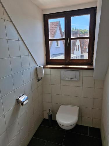 a bathroom with a toilet and a window at Ferienwohnung Weitblick in Pottenstein