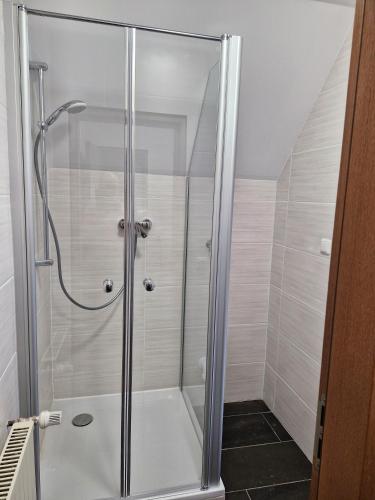 a shower with a glass door in a bathroom at Ferienwohnung Weitblick in Pottenstein