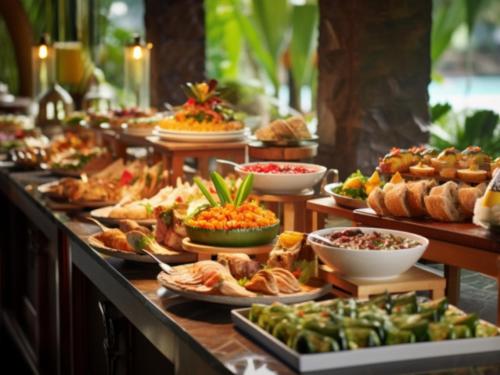 a buffet line with many plates of food at LiVEMAX RESORT Miyahama Ocean View in Hatsukaichi
