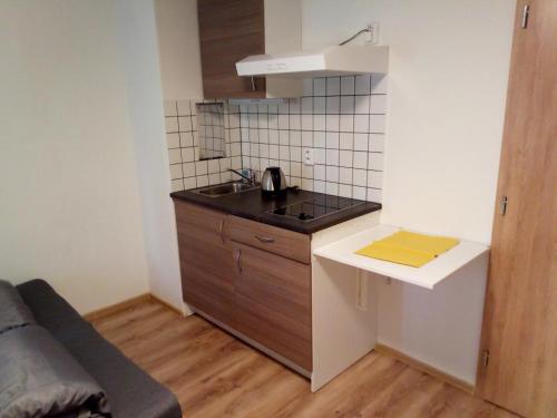 a small kitchen with a sink and a counter at Apartmány pod Lípami - Harrachov in Harrachov