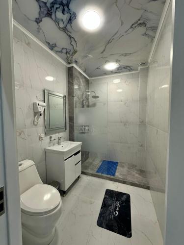 a bathroom with a toilet and a sink and a shower at National Gold Plaza in Samarkand