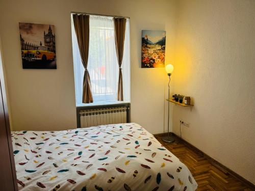 ein Schlafzimmer mit einem Bett und einem Fenster in der Unterkunft The Riverside Harmony Sarajevo - Parking available - Walk everywhere in Sarajevo