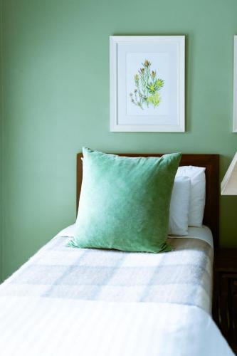 a bed with a green pillow on top of it at Vineyard Views Country House in Riebeek-Kasteel