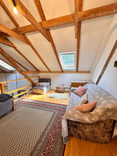 a living room with a couch and a rug at Home of arts and creation, Erdei alkoto studio in Verőce