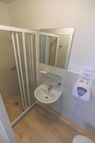 a small bathroom with a sink and a mirror at Atpūtas komplekss Lilaste in Lilaste