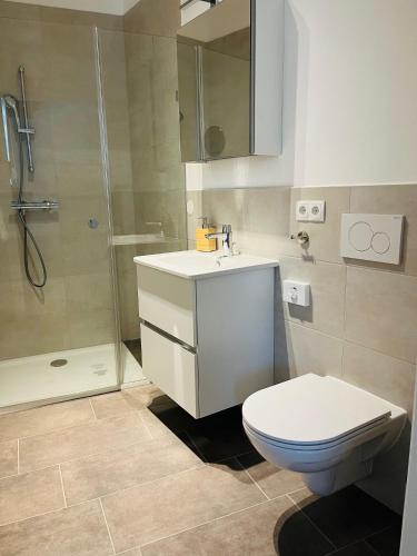 a bathroom with a toilet and a sink and a shower at Kaiser von Österreich, Historik- und Thermalhotel in Bad Radkersburg