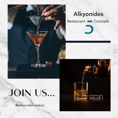 a flyer for a restaurant with a bartender making a cocktail at Alkyonides Boutique Hotel in Kremasti
