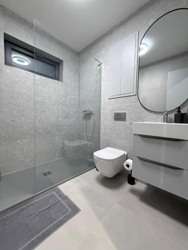a bathroom with a toilet and a sink and a mirror at ELEM apartments in Liptovský Mikuláš