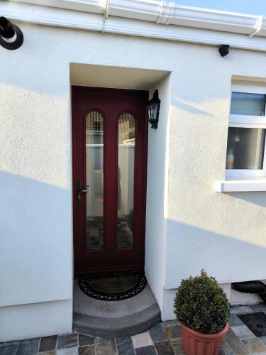a red door on a white building with a plant at Cosy & Peaceful Naas Cottage in Naas
