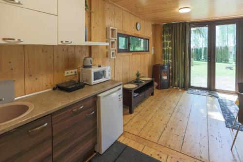 a kitchen with a sink and a microwave at Atpūtas komplekss Lilaste in Lilaste