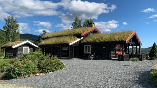 a house with a grass roof with a bike parked in front at Luxury family house "Berg" with outdoor sauna, hot tub and lake view in Øvre Ramse