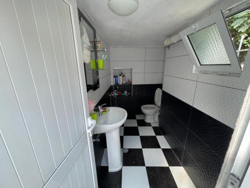 een kleine badkamer met een wastafel en een toilet bij Myra in Himare