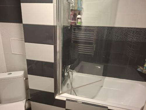 a bathroom with a bath tub next to a toilet at Pokoje do wynajęcia in Michałowo