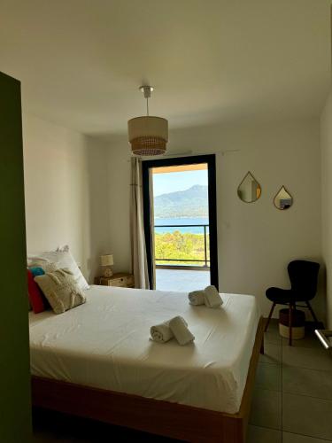 une chambre avec un lit et une grande fenêtre dans l'établissement Appart tout équipé et vue sur la mer, à Propriano