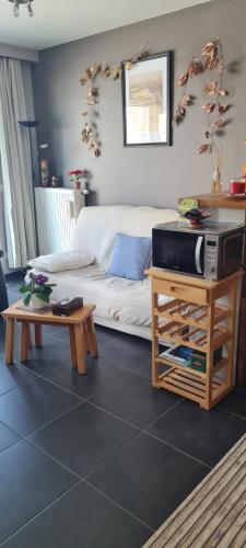 a bedroom with a bed and a table with a tv at Résidence jersey in Koksijde