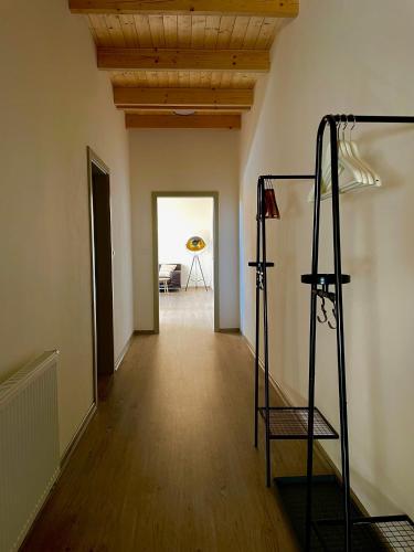 a hallway with a room with a wooden ceiling at Apartmány Hrachov in Svatý Jan
