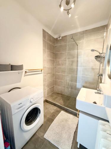 une machine à laver dans une salle de bain avec un lavabo dans l'établissement Appartement avec chambre séparée Brest centre ville, à Brest