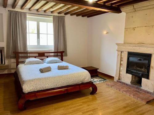 a bedroom with a bed and a fireplace at La Belle des champs - maison avec terrasse in Courseulles-sur-Mer