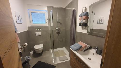 a bathroom with a shower and a toilet and a sink at Apartments Erdgeschoss Villa Casper in Palit