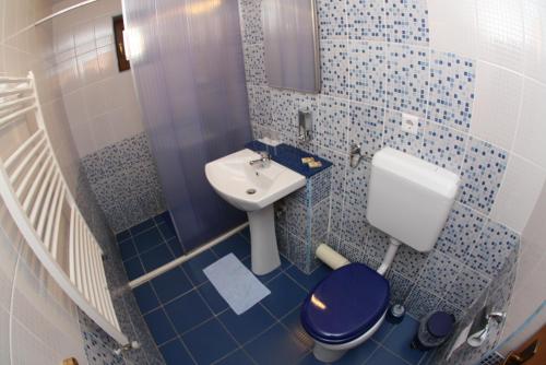 a blue and white bathroom with a toilet and a sink at Pensiunea Maria , Floresti in Floreşti