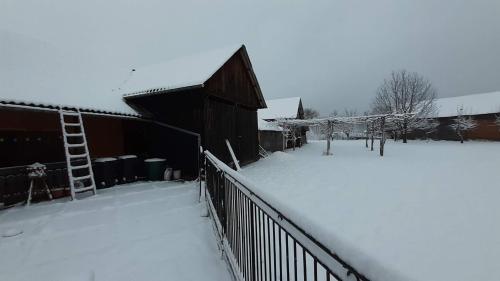 a barn covered in snow with a ladder at Hiša Tarka in Dobrovnik