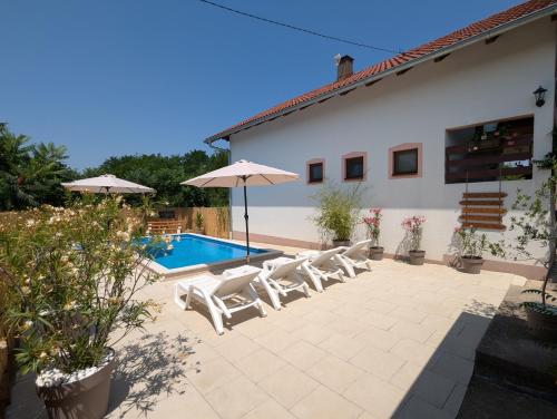 a patio with chairs and an umbrella and a pool at Wisteria Lodge in Derventa