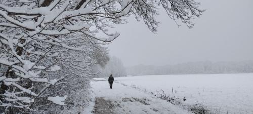 a person walking down a snow covered path at Hiša Tarka in Dobrovnik