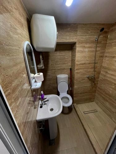 a bathroom with a toilet and a sink and a shower at Casa Hax Mangalia in Mangalia