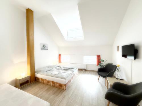 a bedroom with a bed and a skylight at Penzion U Hradeb in Znojmo