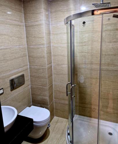 a bathroom with a shower and a toilet and a sink at Apartment Spartak in Gudauri