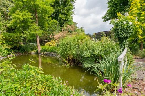 a pond in the middle of a garden at Prachtig genieten in het groen met royale tuin in Hansweert