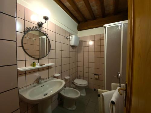 a bathroom with a sink and a toilet and a mirror at Agriturismo Tenuta Badia in Paciano
