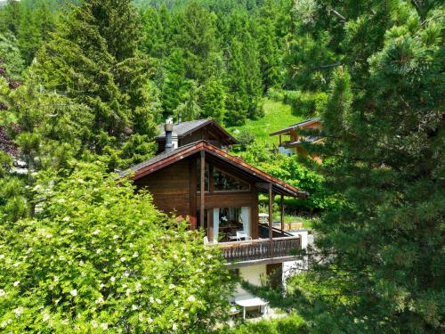 a building in the middle of a forest at Chalet Lò Batcho by Interhome in Zinal