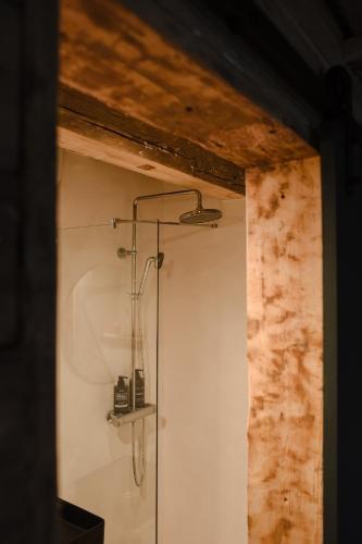 a shower in a bathroom with a white wall at Boutique Hotel ALTENBURG in Talsi