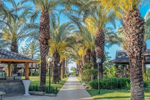 a walkway lined with palm trees in a park at Royal Wings Hotel in Lara