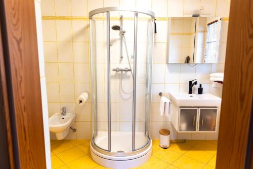 a bathroom with a shower and a sink at Seeapartments Hörzendorf in Hörzendorf