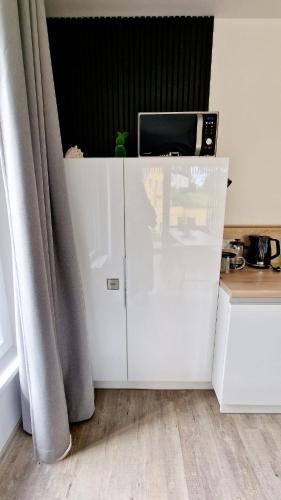 a white refrigerator with a microwave on top of it at Lakepark Residence in Staré Splavy