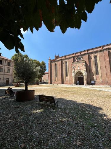 a bench in front of a building with a tree at Attico del Duomo Historic Center & Free Wi-Fi in Asti