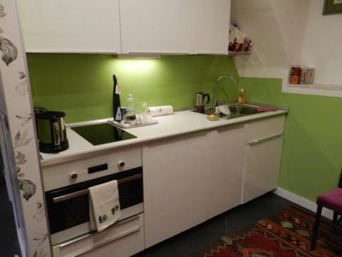 d'une cuisine avec des murs verts, un évier et une cuisinière. dans l'établissement La Finestra Sul Cortile, à Aoste